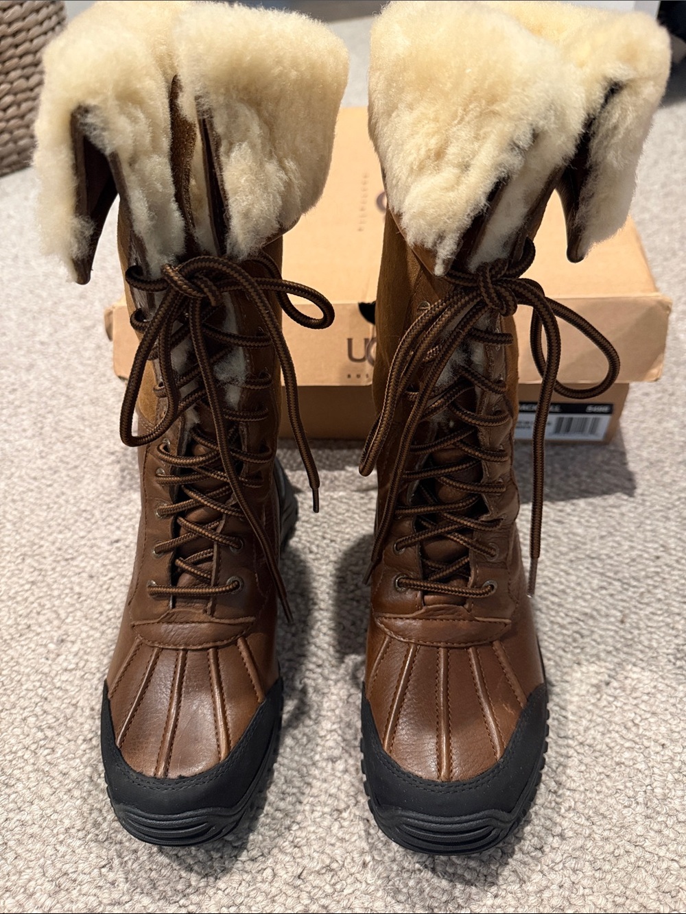 UGG Adirondack Tall Brown Leather Lace-Up Shearling Winter Boots with Black Sole